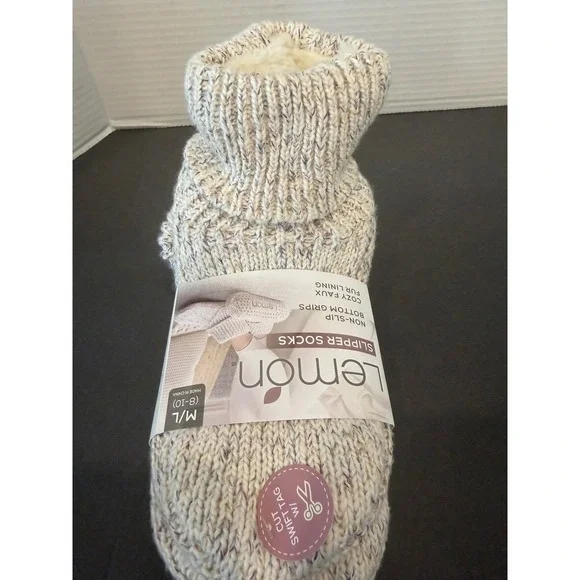 Lemon Womens L/XL Cream New Faux Fur Lined Non-Slip Marled Knit Slipper Socks - Picture 4 of 6